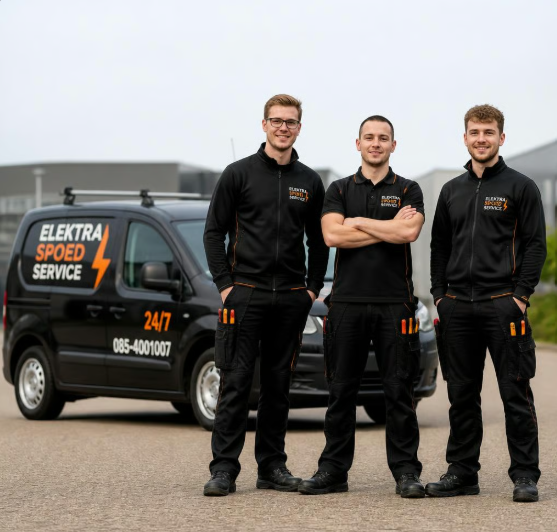 Het team van Elektra Spoedservice met de werkbus in Utrecht en Zeist